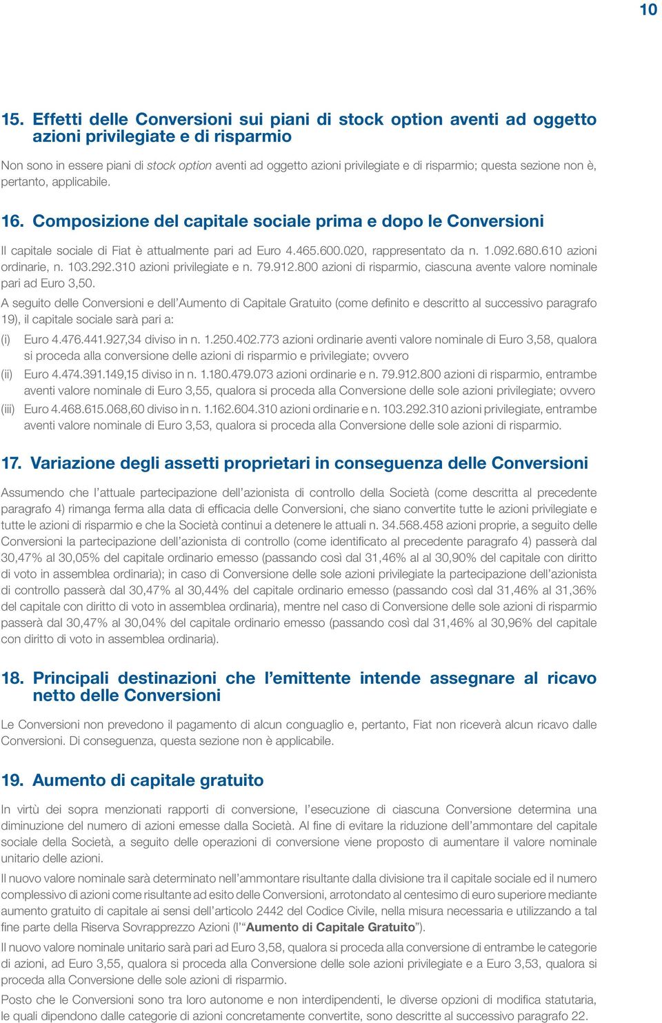 questa sezione non è, pertanto, applicabile. 16. Composizione del capitale sociale prima e dopo le Conversioni Il capitale sociale di Fiat è attualmente pari ad Euro 4.465.600.020, rappresentato da n.