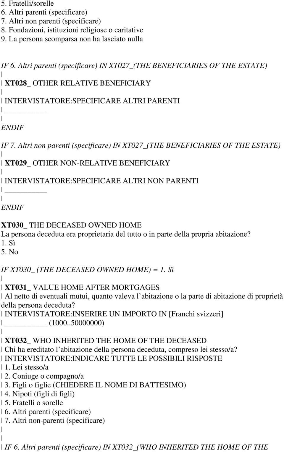 Altri non parenti (specificare) IN XT027_(THE BENEFICIARIES OF THE ESTATE) XT029_ OTHER NON-RELATIVE BENEFICIARY INTERVISTATORE:SPECIFICARE ALTRI NON PARENTI XT030_ THE DECEASED OWNED HOME La persona