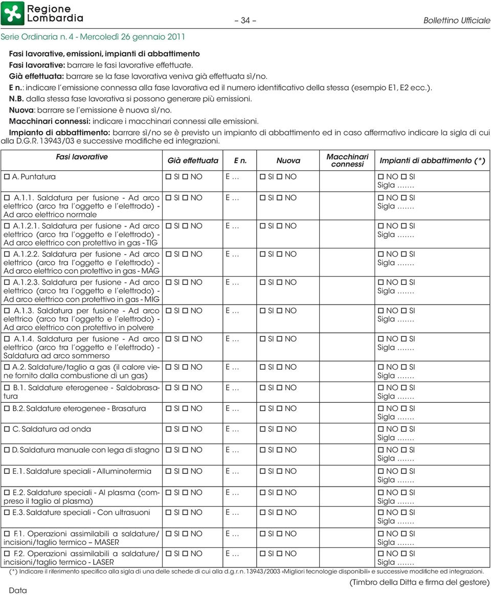 dalla stessa fase lavorativa si possono generare più emissioni. Nuova: barrare se l emissione è nuova sì/no. Macchinari connessi: indicare i macchinari connessi alle emissioni.