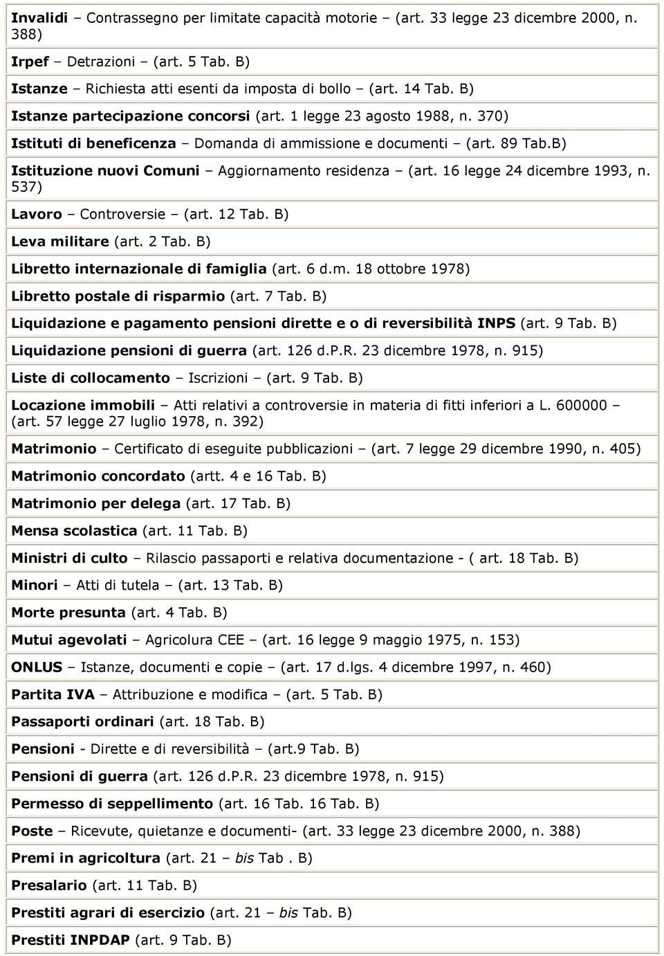 B) Istituzione nuovi Comuni Aggiornamento residenza (art. 16 legge 24 dicembre 1993, n. 537) Lavoro Controversie (art. 12 Tab. B) Leva militare (art. 2 Tab.