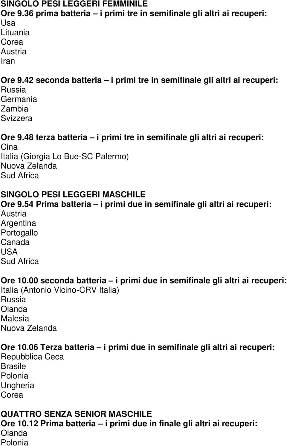 48 terza batteria i primi tre in semifinale gli altri ai recuperi: Italia (Giorgia Lo Bue-SC Palermo) SINGOLO PESI LEGGERI MASCHILE Ore 9.