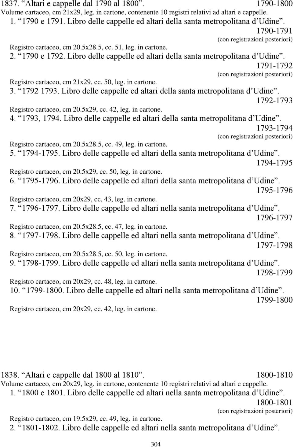 Libro delle cappelle ed altari della santa metropolitana d Udine. 1791-1792 Registro cartaceo, cm 21x29, cc. 50, leg. in cartone. 3. 1792 1793.