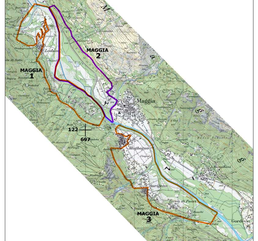 Maggia: superficie di 3.5 kmq posta lungo il fondovalle della valle Maggia con due zone sul lato destro del fiume Maggia (Maggia e 3 di rispettivamente. e. kmq) e una sul lato sinistro (Maggia, kmq).
