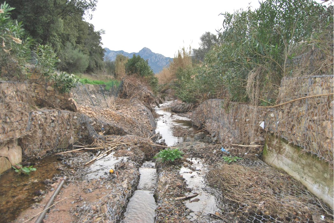 Foto 7) Tratto iniziale dell intervento sul rio Sa Traina ripreso da monte verso valle: si nota il rivestimento in materassi del fondo che ha mantenuto la sua conformazione.