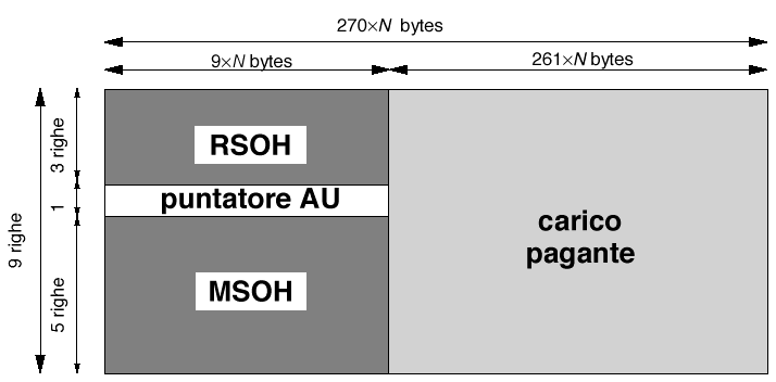 Schema della trama SDH Trama STM-N 27 Schema della trama SDH La matrice è trasmessa per righe, da sinistra a destra 2430 byte (19440 bit) per trama STM-1 in 125 µs; ogni byte della trama rappresenta