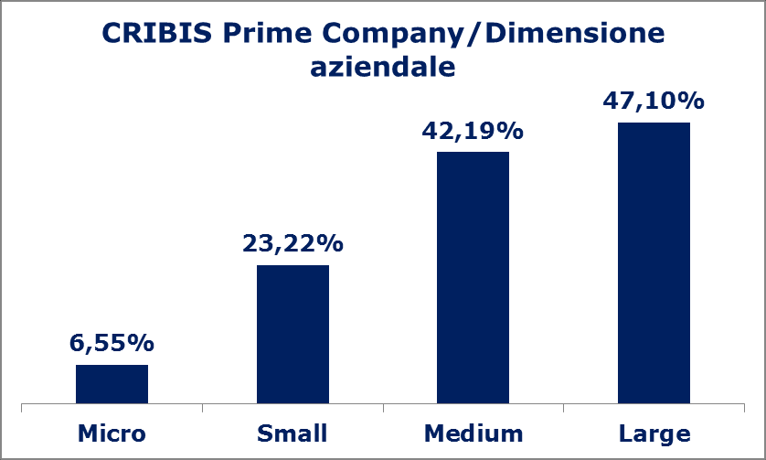 CRIBIS Prime Company, Dicembre 2016 - Dettaglio Dimensione aziendale E la categoria Large ad avere la maggiore incidenza di CRIBIS