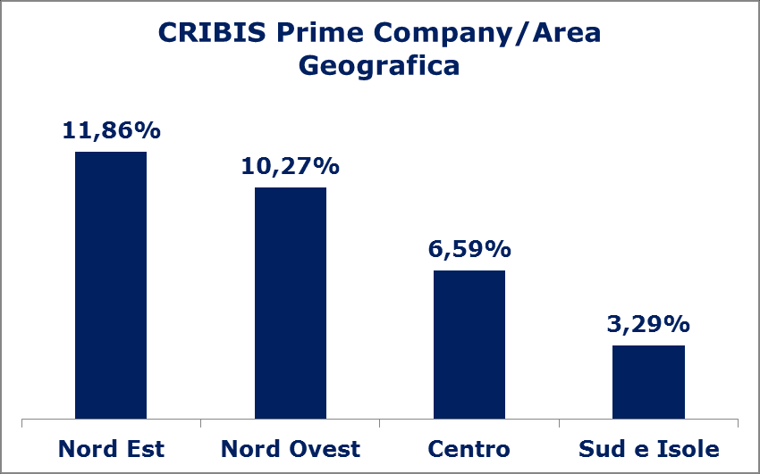 CRIBIS Prime Company, Dicembre 2016 - Dettaglio Area geografica Il Nord Est è l area geografica con la maggiore incidenza di