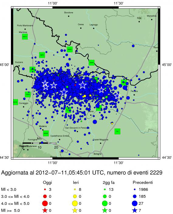 tabella dei terremoti con M>5 (aggiornata al 13 luglio 2012) data ora UTC (ora locale) latitudine longitudine profondità magnitudo fonte 20/05/2012 02:03:52 (04:03:52) 44.889 11.228 6.3 5.9 iside.rm.