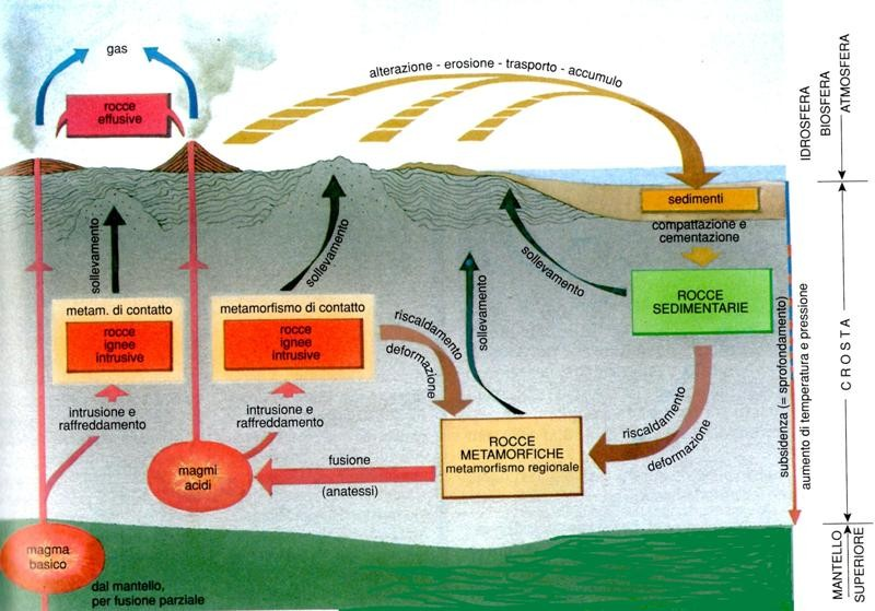 Schema di ciclo litogenetico. Le frecce nere indicano il sollevamento (tettonica) in superficie delle rocce indicate nei riquadri.