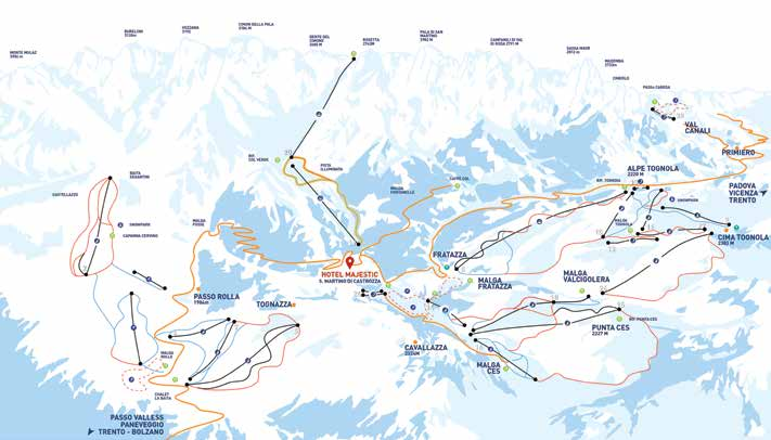 comprensorio sciistico La ski area San Martino di Castrozza Passo Rolle, punta meridionale del Dolomiti Superski, offre 60 km di piste fra i 1404 ed i 2357 m, perfettamente battute e con innevamento