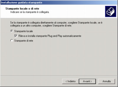 1.3.2 Installazione driver stampanti in Windows 2000 Cliccare su Start Impostazioni Stampanti Doppiocliccare su Aggiungi stampante Cliccare sul pulsante Avanti Scegliere Stampante locale quindi