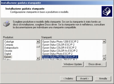 Selezionare la porta sulla quale la stampante è connessa (solitamente la porta parallela LPT1) quindi cliccare su Avanti Selezionare la MARCA (Produttori) ed il MODELLO (Stampanti) della stampante