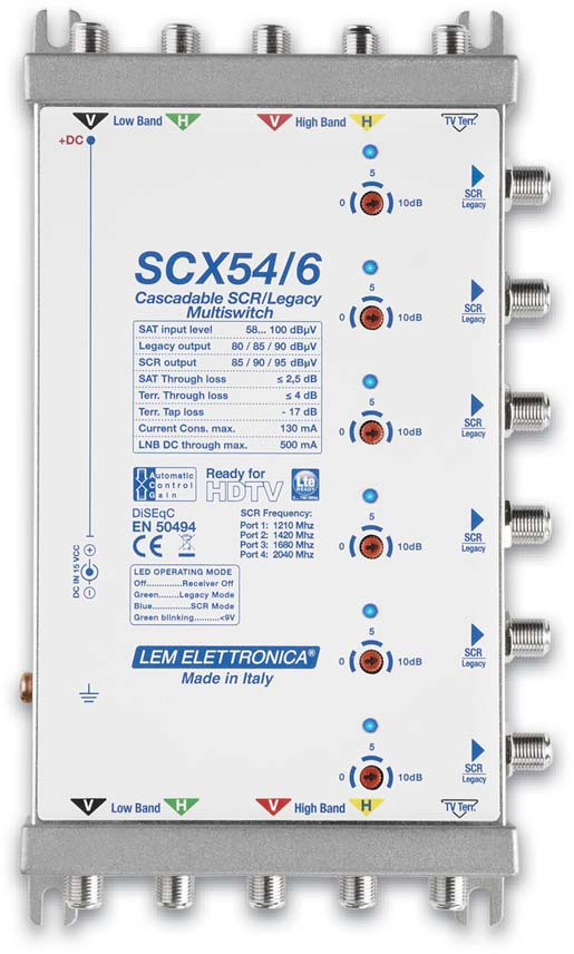 SERIE SCX54 Selezione automatica modalità Legacy/SCR 6 derivate con 4 frequenze SCR (Standard SKY) Frequenze SCR 1210 1420 1680 2040 MHz Controllo automatico di guadagno A.C.G.