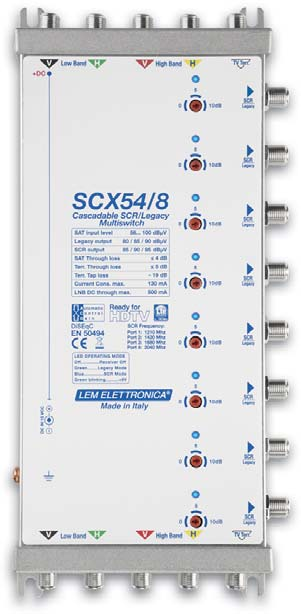 SERIE SCX54 Selezione automatica modalità Legacy/SCR 8 derivate con 4 frequenze SCR (Standard SKY) Frequenze SCR 1210 1420 1680 2040 MHz Controllo automatico di guadagno A.C.G.