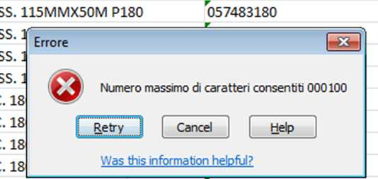 Controllo sul tipo di dato: nella cella è necessario inserire un valore conforme al tipo di dato associato alla colonna corrente, ovvero: - Valori numerici interi; - Valori numerici con virgola; -