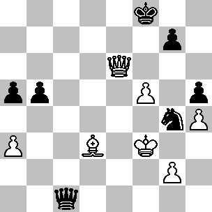 111. Kotov-Euwe Reti 43.Axb5 Questo è un errore. Qui la partita venne aggiornata, senza che Geller abbia alcun vantaggio: la regina e il cavallo avversari sono troppo vicini al suo Re.