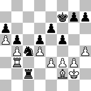 28.Tc3 Tc8 29.Txc8+ Cxc8 30.f3 Ce7 31.Af2 Sperando che il N. sia tentato dal pedone in b4: 31.Af2 Tb2 32.Tc1. Invece Averbach avvicina il proprio Re. 31...Rf7 32.Tb1 Cf5 33.Rf1 Cd6 34.Tb3 Cc4 35.