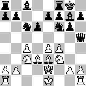 6...0-0 7.e4 d6 8.Ad2 c5 9.a3 Aa5 Sbagliata: il N. avrebbe dovuto prendere in c3 senza creare ulteriore confusione, proseguendo poi con 10...Cc6. 10.d5 exd5 11.cxd5 Axf1 12.Rxf1 Cbd7 13.h4 Te8 14.