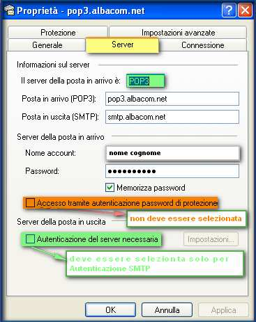 4.2 Proprietà Server Nel folder Server indicare le informazioni della posta in arrivo: Server utilizzato POP3 Posta in arrivo: Pop3.albacom.net Posta in uscita: Smtp.albacom.net Account di posta.