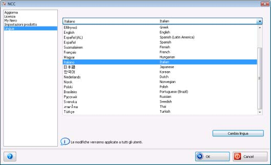 Definizione delle lingue in uso 8 Definizione delle lingue in uso Nella schermata Lingua è possibile selezionare la lingua da utilizzare per tutte le applicazioni di Nero.