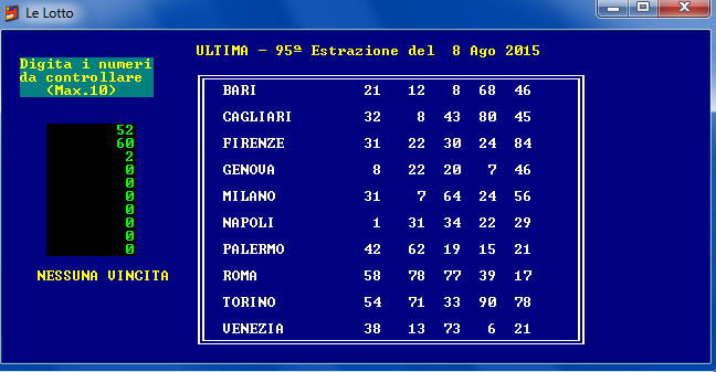 Nel caso in cui nessuno dei numeri sia sortito avrò questa schermata: d) Tabellone analitico dei 90 numeri Visualizza (e consente di modificare in caso di immissione di dati