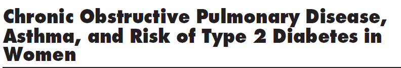 BPCO e diabete Studio di coorte prospettico che ha interessato 97.618 donne per 8 anni RR per DMT2 nella coorte affetta da BPCO = 1.8 Nella coorte delle pz asmatiche RR = 1.