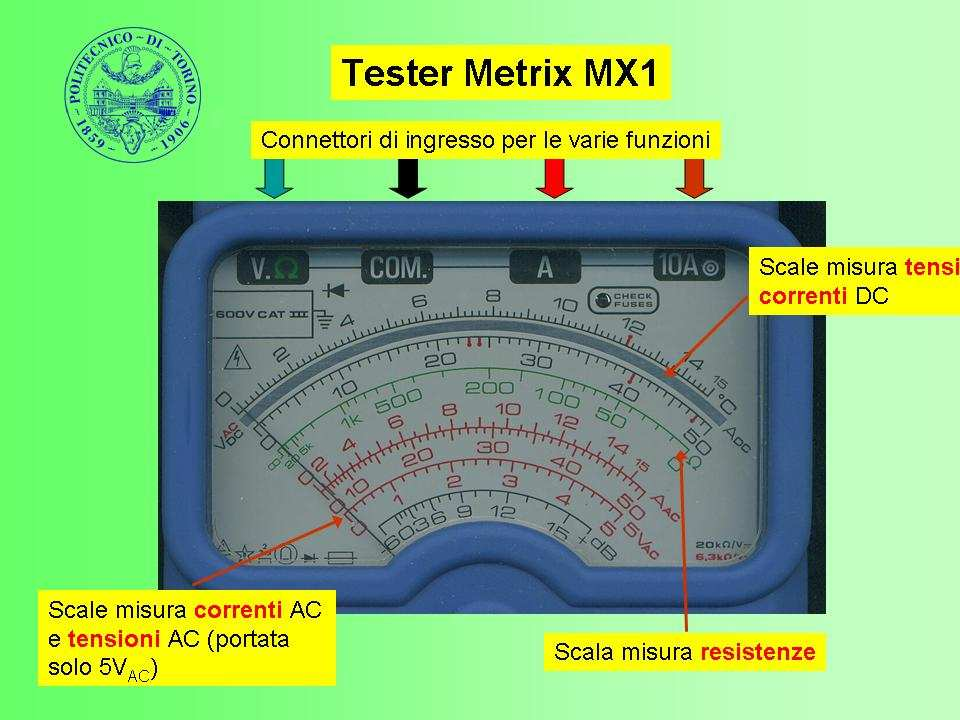 5/12 Figura 6: Scale di lettura del Tester Metrix MX1. un occhio, provate ad allineare l indicatore con la sua immagine riflessa.