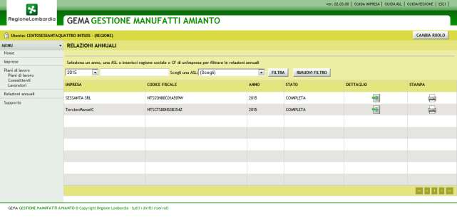 11.1 Funzioni del form relazione annuale Questa voce di menu permette di accedere alla funzione principale del sistema, che consente la completa visualizzazione delle relazioni annuali.