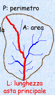 Il bacino idrografico Parametri esprimenti le dimensioni planimetriche del bacino AREA A : area del bacino è la proiezione orizzontale del bacino delimitato dalla linea spartiacque (alla opportuna