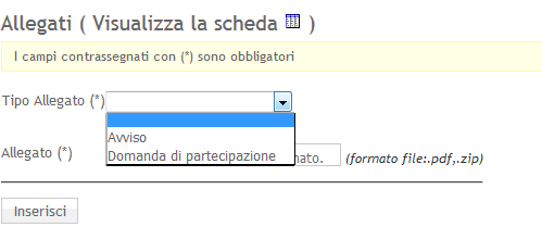 Per il Tipo GRADUATORIA inseriremo un solo tipo allegato Per il Tipo AVVISO