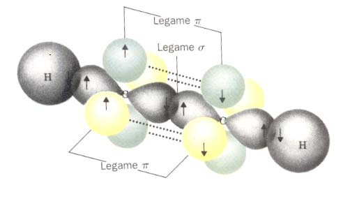 Nella formazione dei legami molecolari ogni atomo di carbonio impiega i due orbitali ibridi sp per formare 2 legami σ (uno con un atomo di idrogeno