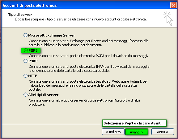 2.3 Account di posta elettronica Tipo Server Le informazioni (es. IMAP, POP3, SMTP, HTTP, etc.