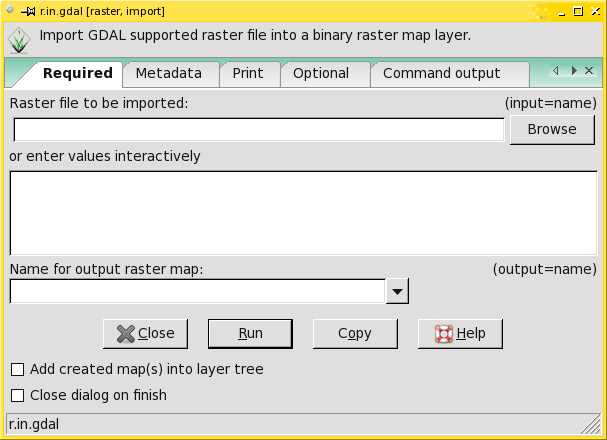 Importare i dati raster "Command dialog" => GUI di r.in.