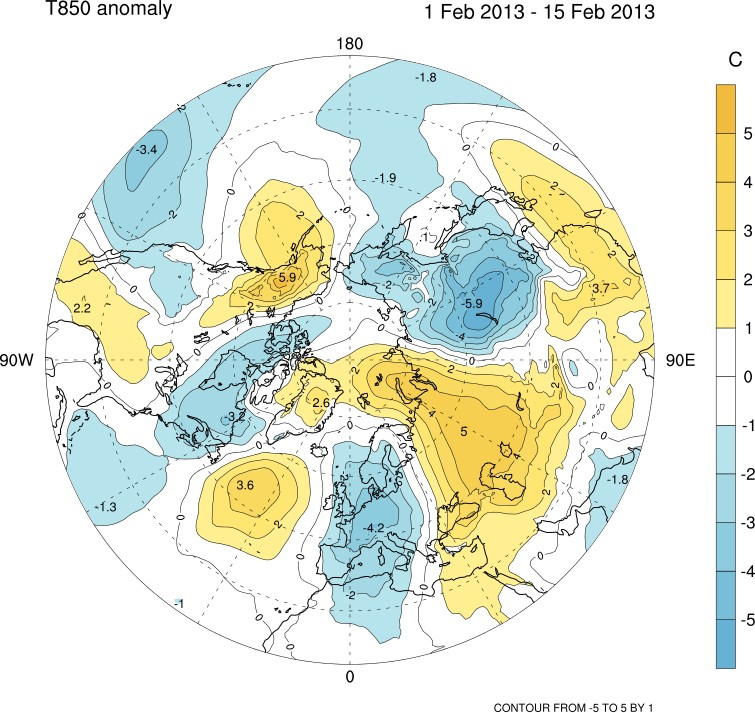 GLOBO, previsione T 850 hpa, febbraio 2013 Anomalie previste (ensemble mean) di temperatura a 850 hpa (differenza tra forecast e "clima reforecast") per