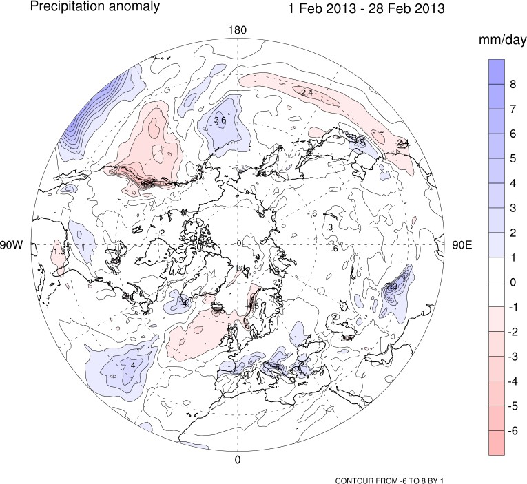 GLOBO, previsione di precipitazione, febbraio 2013 Anomalie previste (ensemble mean) di precipitazione (differenza tra forecast e "clima reforecast") per
