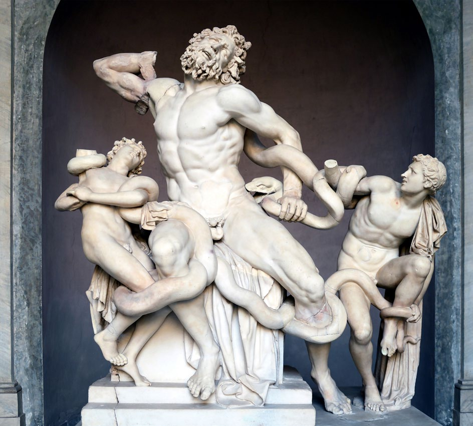Laocoonte e i suoi due figli lottano coi serpenti, scultura greca della scuola di Rodi (I secolo), Museo Pio-Clementino, musei Vaticani Il gruppo scultoreo del Laocoonte e