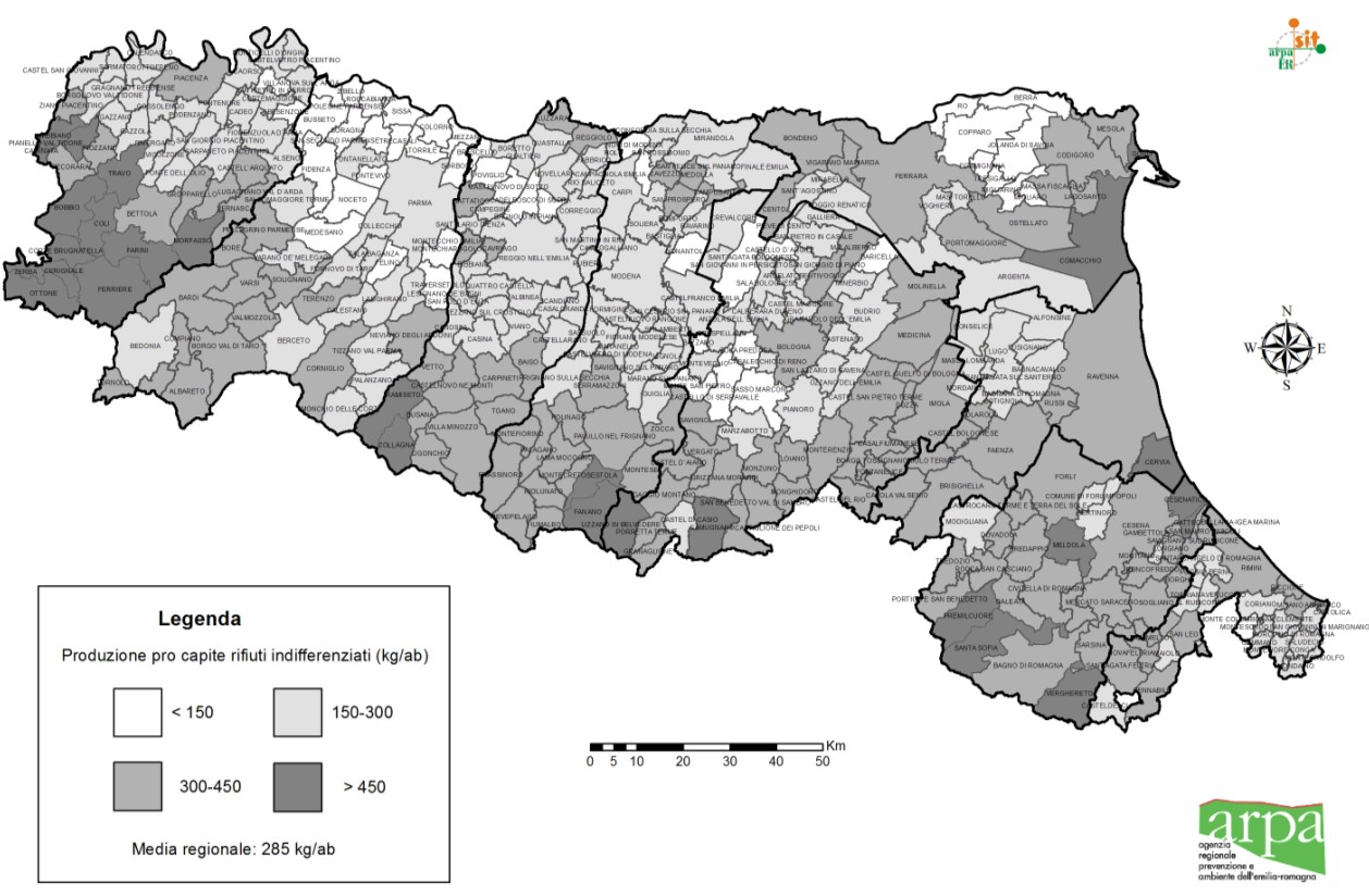 Figura 8 > Rappresentazione grafica della produzione pro dei rifiuti urbani indifferenziati per comune, 2013 Prima destinazione e destinazione finale dei rifiuti indifferenziati I rifiuti urbani