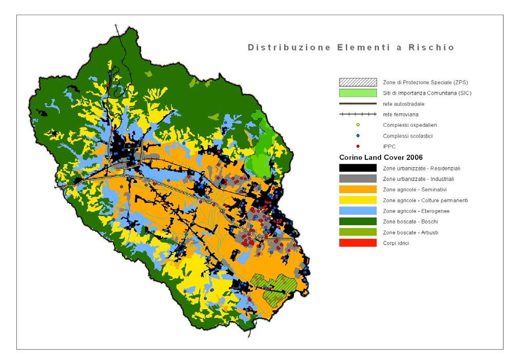 La mappa, rappresentabile fino ad un dettaglio 1:25.000, fornisce una distribuzione degli elementi che nel bacino possono subire conseguenze per effetto di un'alluvione.