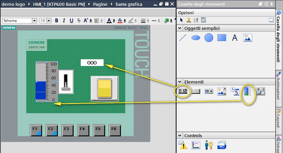 Si inseriscono anche gli elementi campo I/O e barra grafica per visualizzare la variabile contatore dalla casella degli strumenti.