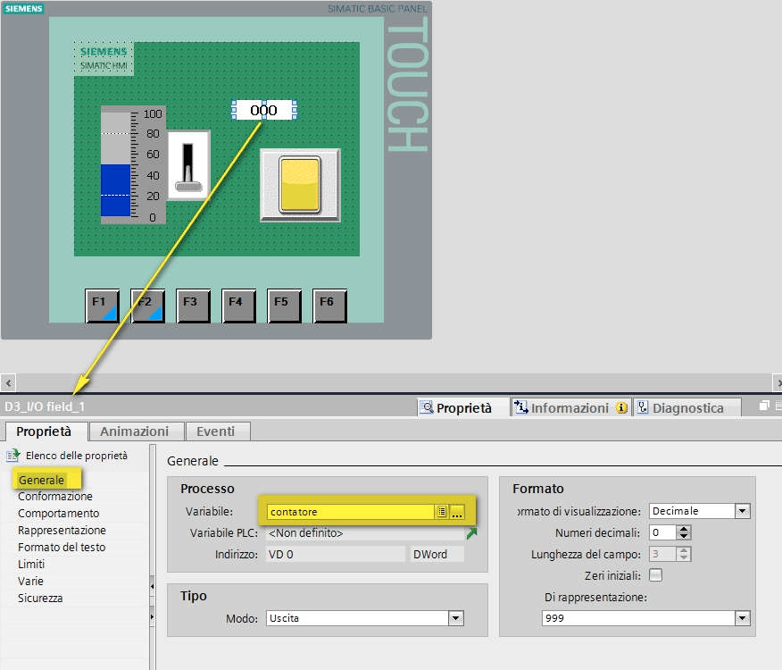 Collegamento della variabile contatore al campo I/O.