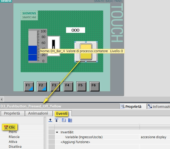 Al pulsante giallo verrà assegnata all evento Clic la funzione inverti Bit nella variabile accensione display per realizzare ad ogni pressione del pulsante l accensione/spegnimento del display del