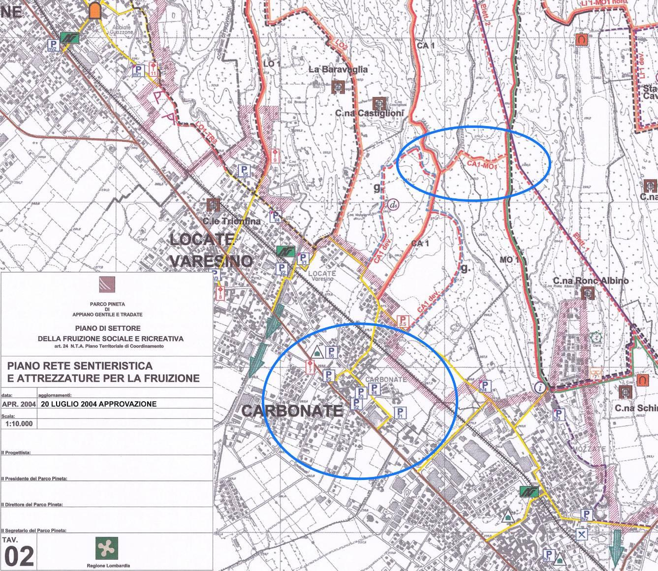 Tav. 2 del Piano per la fruizione sociale e ricreativa del Parco Pineta in cui si individuano le aree di parcheggio e il percorso in progetto Sentiero Laura ) 3.7.