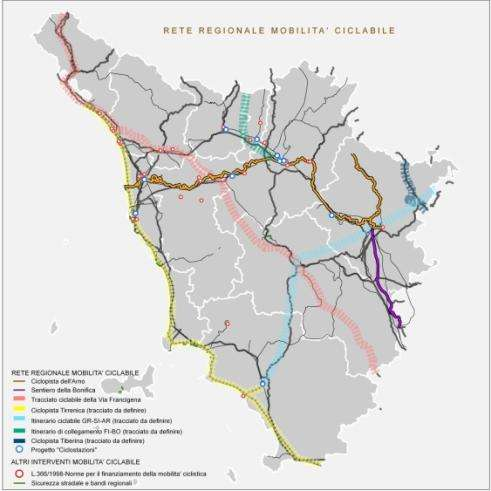 RETE REGIONALE DELLA MOBILITA CICLABILE RETE DI INTERESSE REGIONALE Nell ambito del PRIIM viene prevista la seguente classificazione della rete regionale della mobilità ciclabile : Ciclopista Arno e