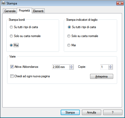 Stampa del documento Nell'area Stampa bordi sono disponibili le seguenti opzioni di configurazione: Finestra Stampa, scheda Proprietà Pulsante di opzione Su tutti i tipi di carta Pulsante di opzione