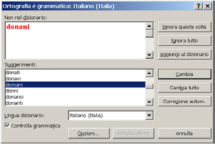 Il correttore ortografico Il correttore ortografico svolge un controllo dell ortografia e della grammatica del documento sulla base di un dizionario Il programma indica di volta in volta le parole