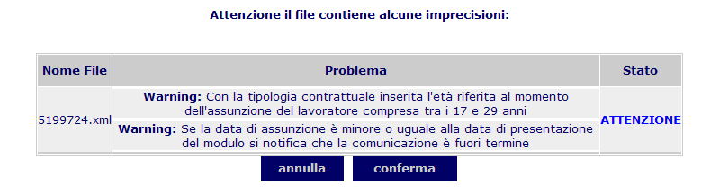 Gestione Nel caso di file dal formato corretto ma contenente dati non congruenti tra di loro, al momento dell invio si visualizza una schermata riepilogativa contenente le incongruenze.