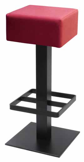 MARC STOOLS / SGABELLI MARC Bar stool with flat square cast iron base with leg and footrest in painted iron. Padded seat. Fixed or swivel.