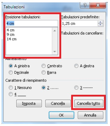 Usare le tabulazioni E possibile notare, nella sezione Posizione tabulazioni, che tutti i valori di tabulazione sono visualizzati così come li abbiamo