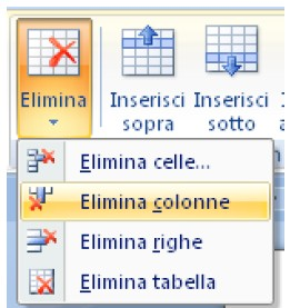 Usare le tabelle Eliminare una colonna Fare clic in una cella della colonna che vogliamo eliminare. Nella sezione Righe e colonne fare clic sul pulsante Elimina.