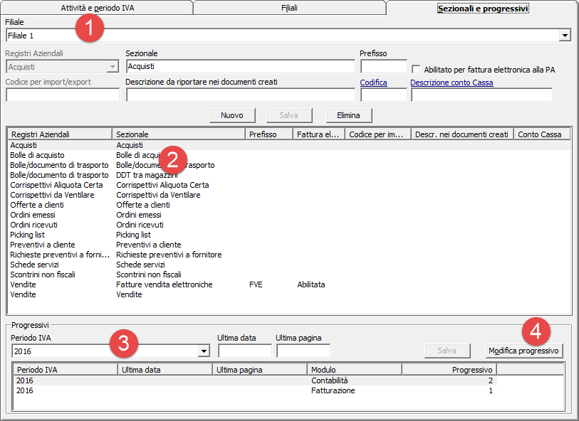 Al fine di poter rendere più leggibili le informazioni riguardanti i sezionali e i loro progressivi, è stata modificata l esposizione dei dati nell applicazione Attività, filiali e sezionali.